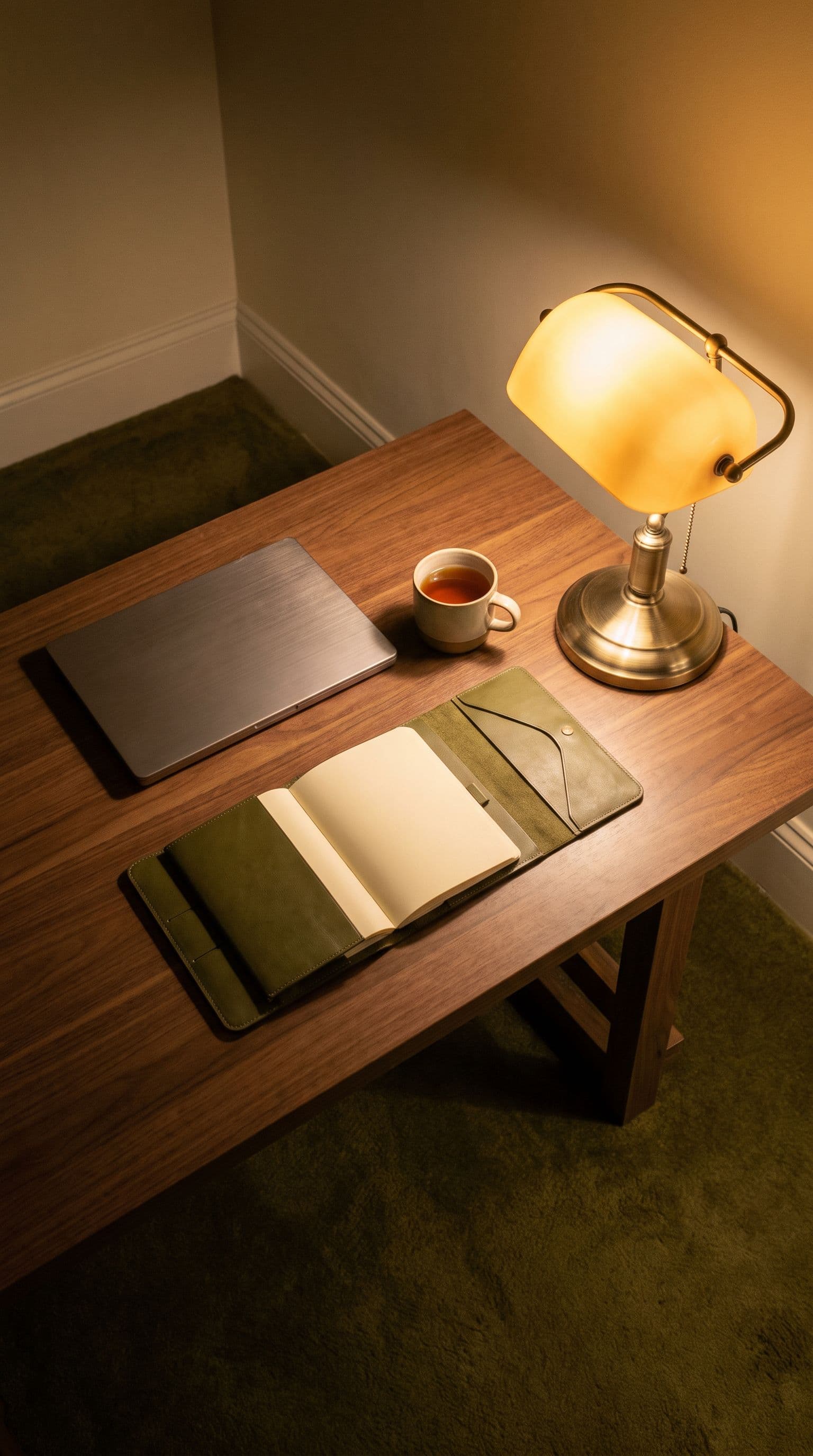 Uma mesa organizada à noite, com o trabalho do dia terminado
