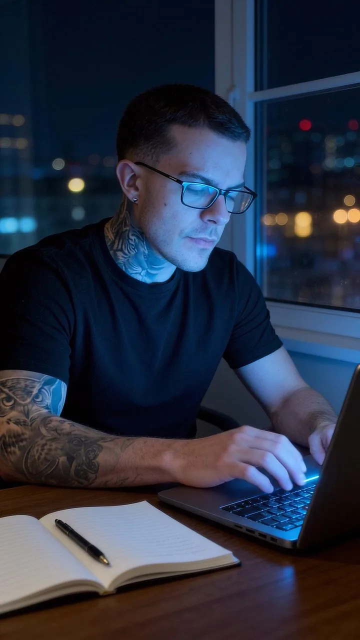 Luccas Trombetta à noite no escritório, trabalhando no computador