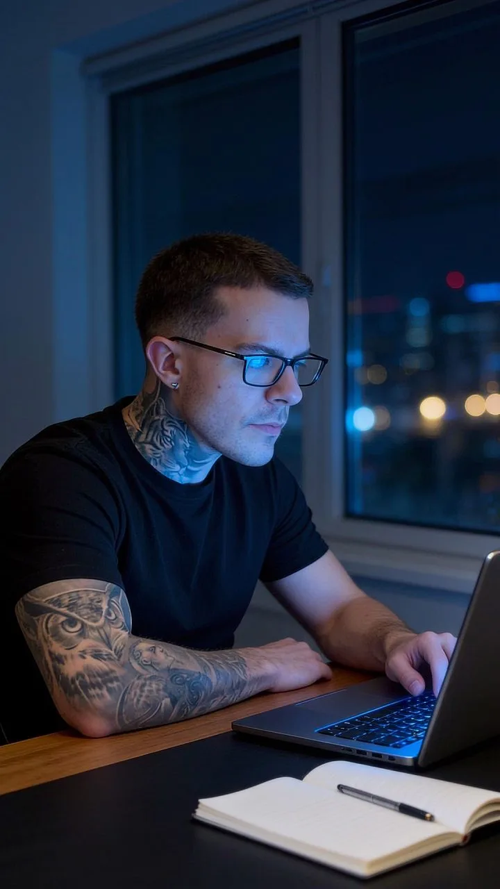 Luccas Trombetta à noite no escritório, trabalhando no computador